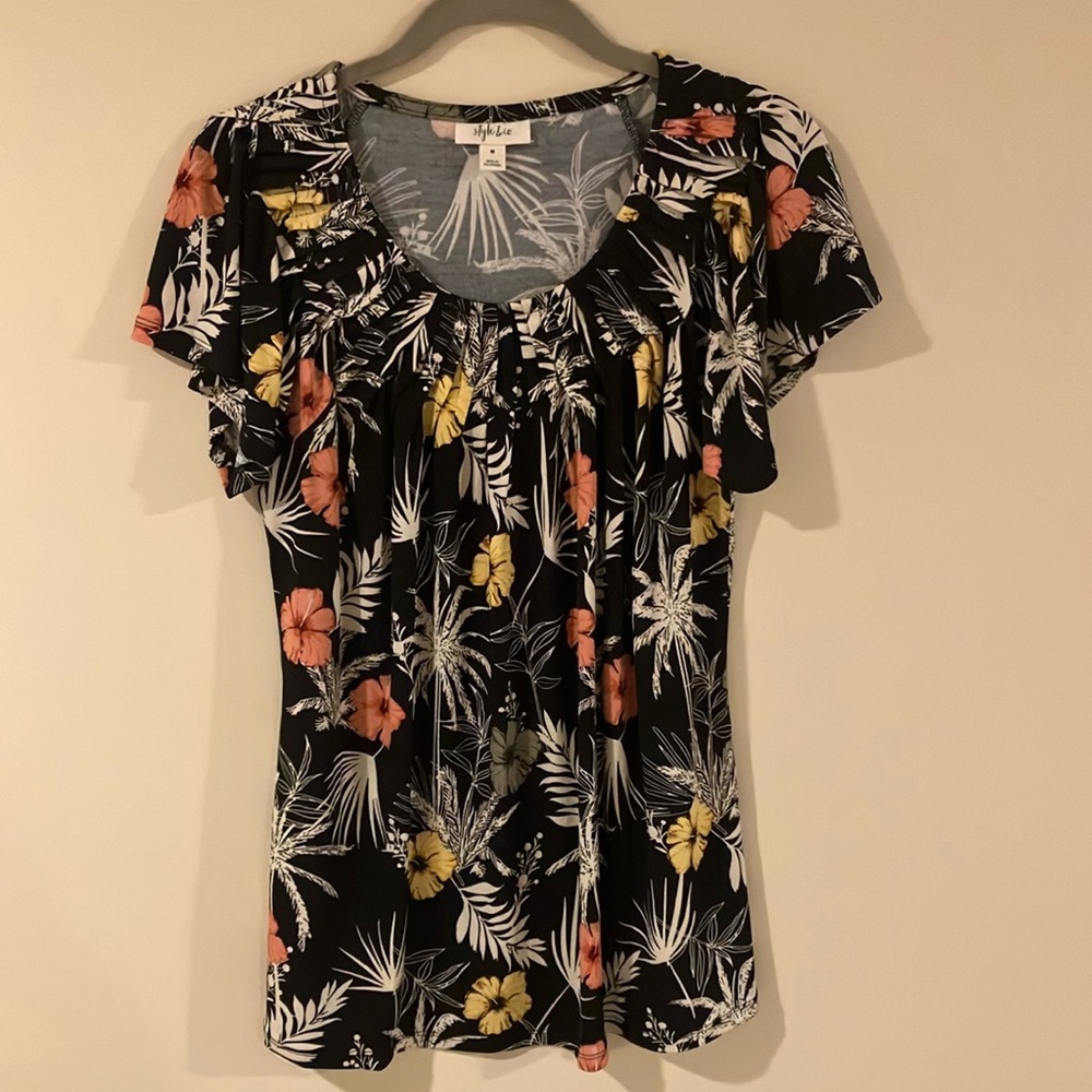 Style & Co. Black Floral Blouse with Coral and Yellow Accents